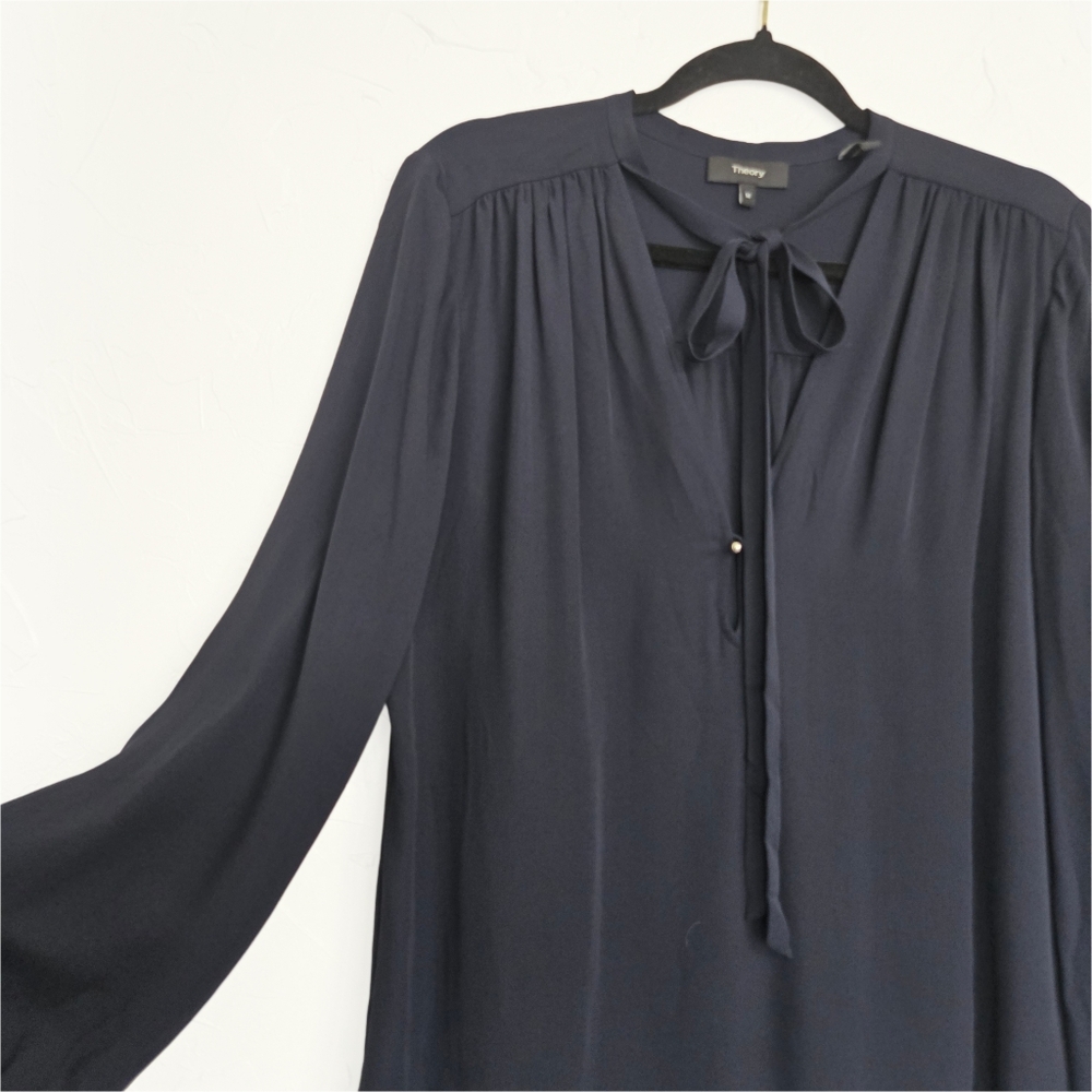 Theory Silk Bow Tie Neck Navy Blue Top, M
